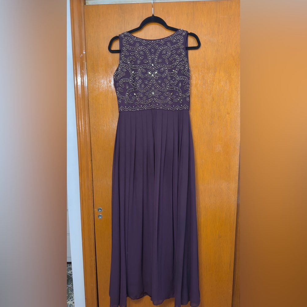 Xscape Strapless Purple Gown with Gold Accents